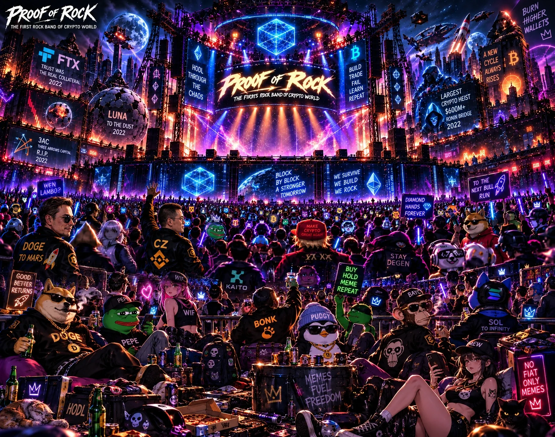 A vast crypto rock concert arena and its crowd